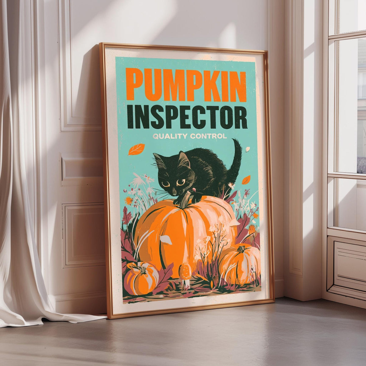 A framed poster with a black cat sitting on a pumpkin, surrounded by autumn foliage, and the text "PUMPKIN INSPECTOR QUALITY CONTROL".