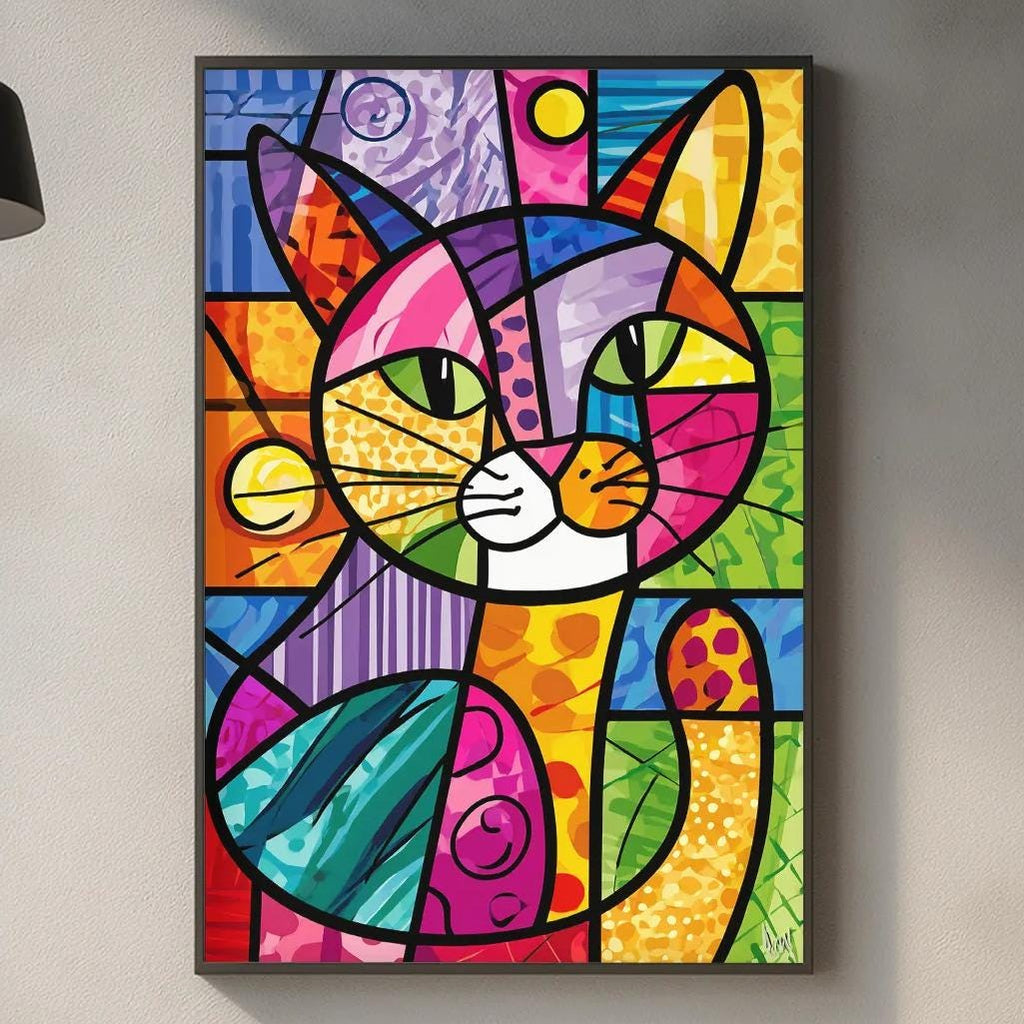 a vibrant, colorful abstract painting of a cat hanging on a wall above a kitchen counter.