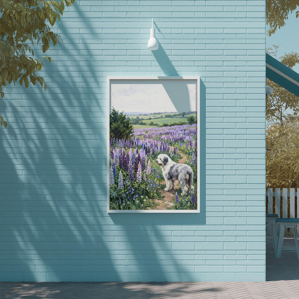 A framed painting of a dog standing in a field of purple flowers is displayed on a blue wall.