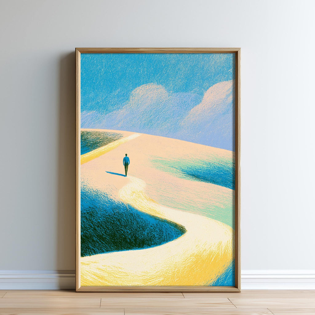 The image is a framed artwork depicting a person walking on a winding path through a landscape with a blue sky and clouds.