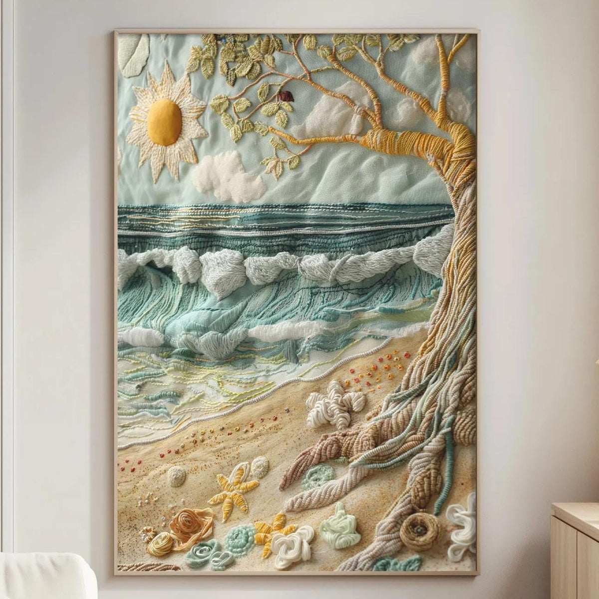 a large, colorful painting of a beach scene hanging on a wall in a living room.