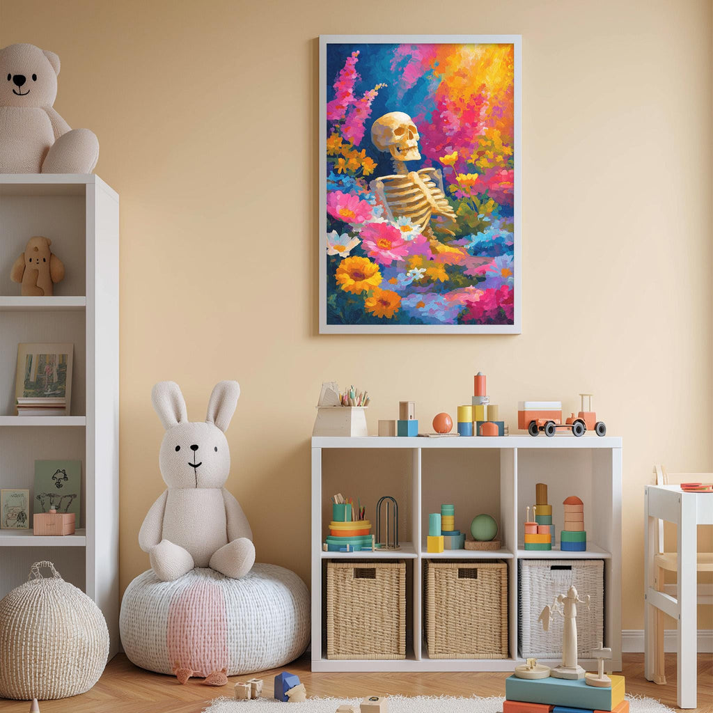 A child's bedroom with a white bookshelf, a stuffed bunny, a toy skeleton, and a colorful painting of a skeleton surrounded by flowers on the wall.