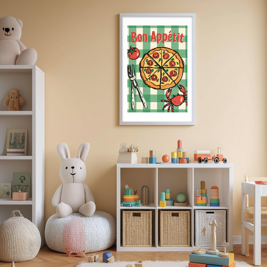 A child's bedroom with a white bookshelf, a stuffed rabbit, and a framed poster featuring a pizza and various food items.