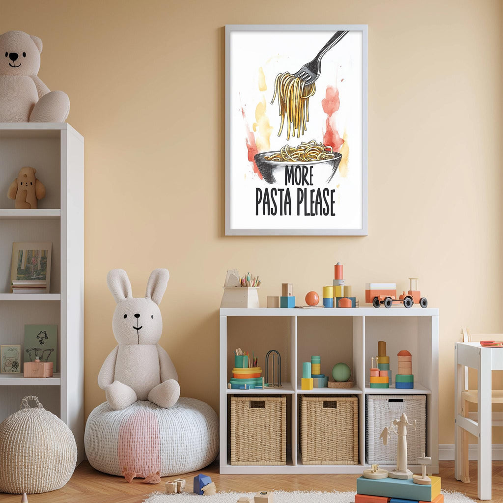 A child's bedroom with a stuffed rabbit, a bookshelf, and a framed poster with a pasta dish and the text "MORE PASTA PLEASE" hanging on the wall.