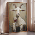 a painting of a white goat with horns, sitting on a wooden surface and holding a glass of red wine.