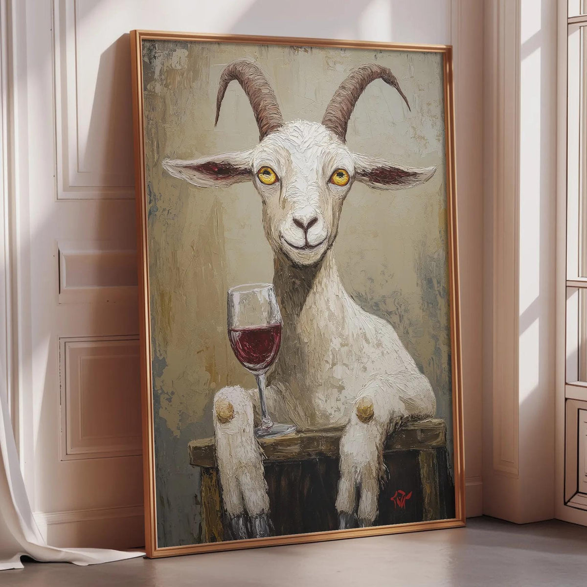 a painting of a white goat with horns, sitting on a wooden surface and holding a glass of red wine.