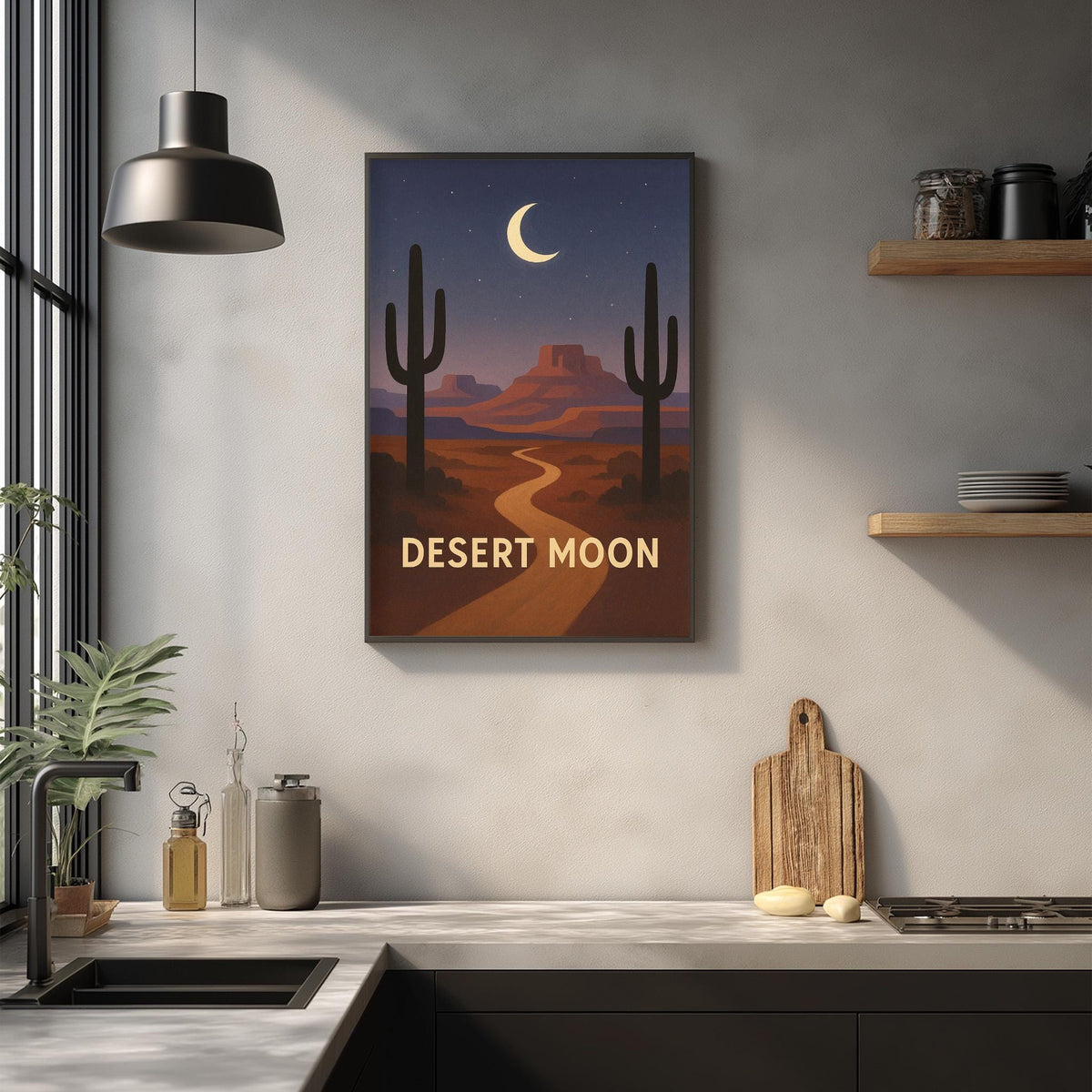 a framed poster of a desert landscape with a crescent moon and a road leading to a mountain range, hanging on a wall above a kitchen counter with various kitchen items and a wooden cutting board.