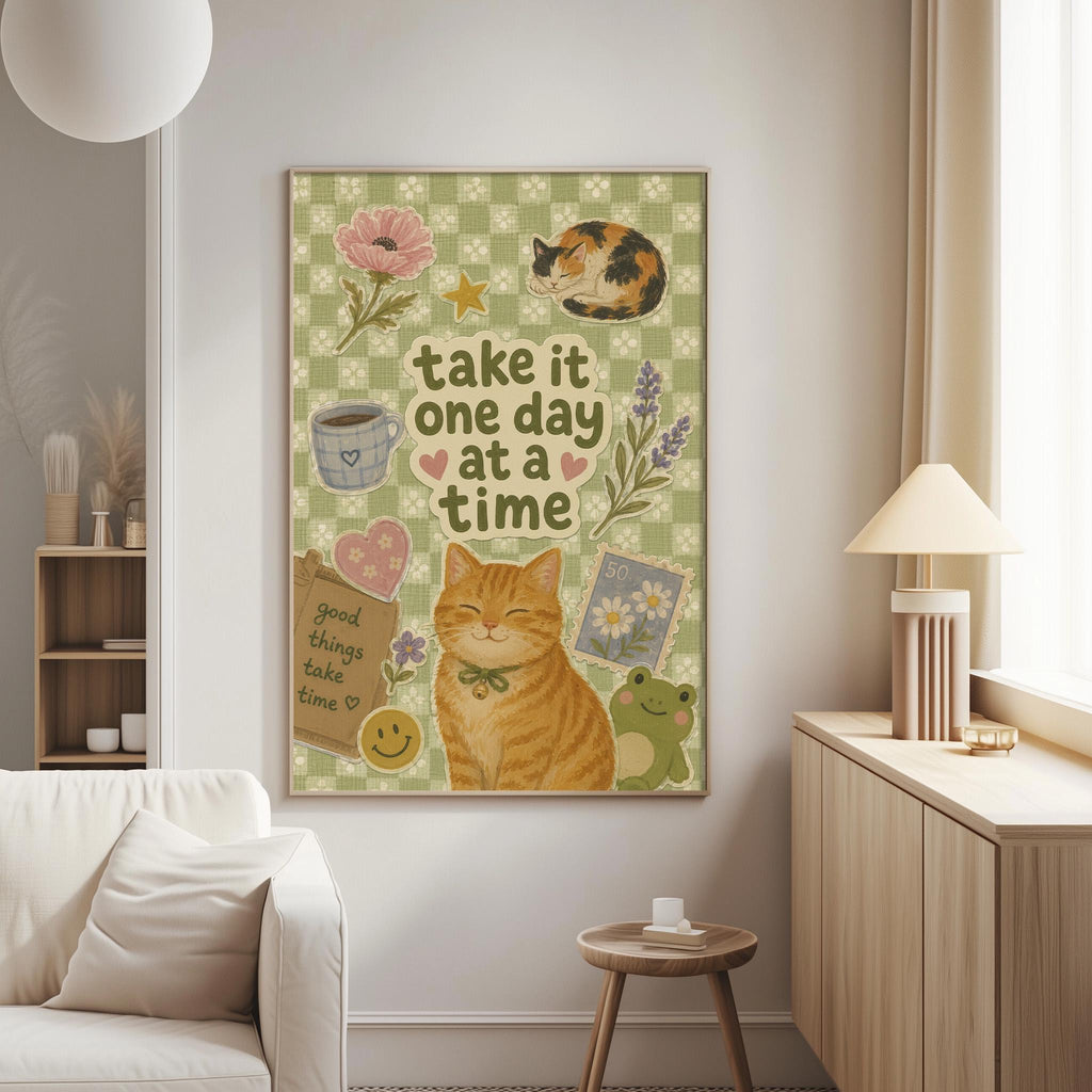 a poster with a cat and various other elements, such as flowers, a cup, and a frog, displayed on a wall in a living room setting.