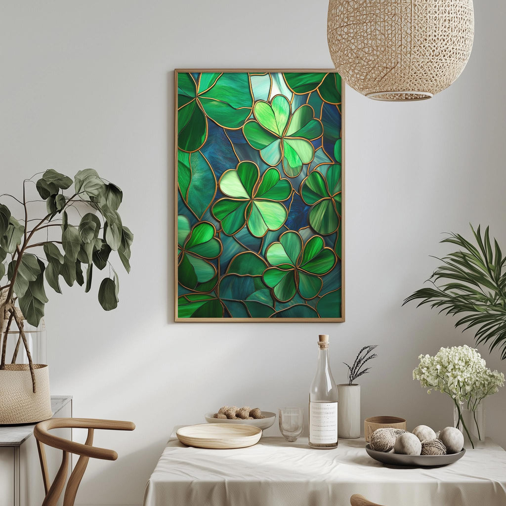 a dining table with a white tablecloth, a vase of white flowers, a bottle, and a bowl of fruit. Above the table, there is a framed picture of green leaves on a white background.