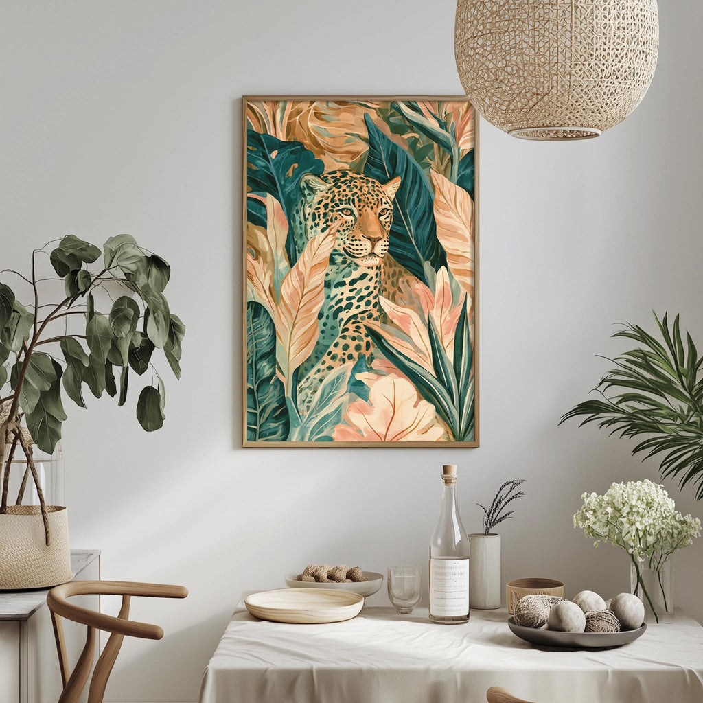 a dining table with a white tablecloth, a bowl of fruit, a bottle, and a vase with flowers. Above the table, there is a framed painting of a leopard surrounded by tropical foliage.
