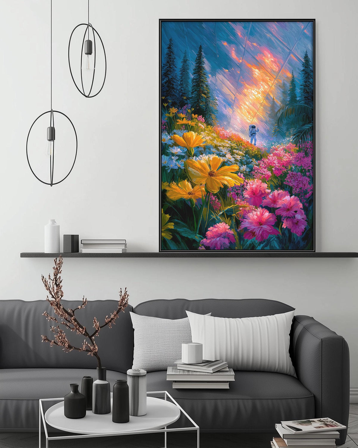 a large, colorful painting of a flower garden hanging on a wall above a gray couch in a living room setting.