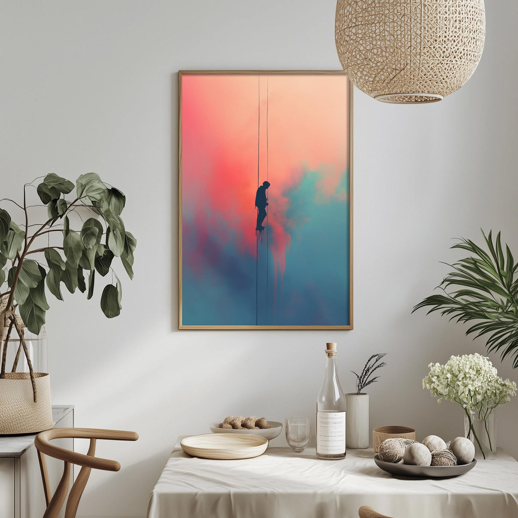 a dining table with a white tablecloth, a bowl of fruit, a bottle, and a vase with flowers. Above the table, there is a framed painting depicting a person climbing a rope.