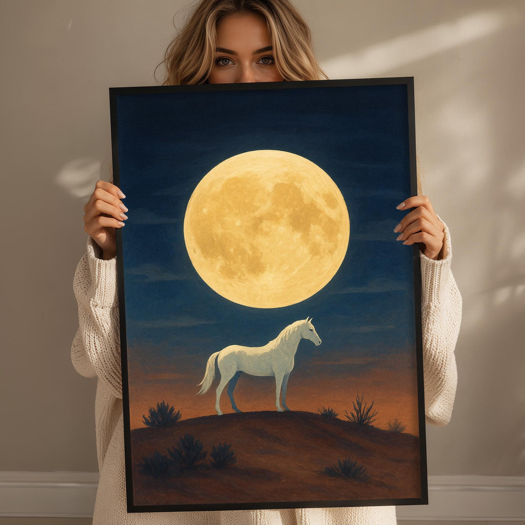 A woman holds up a framed painting depicting a white horse standing on a hill under a large, bright moon.