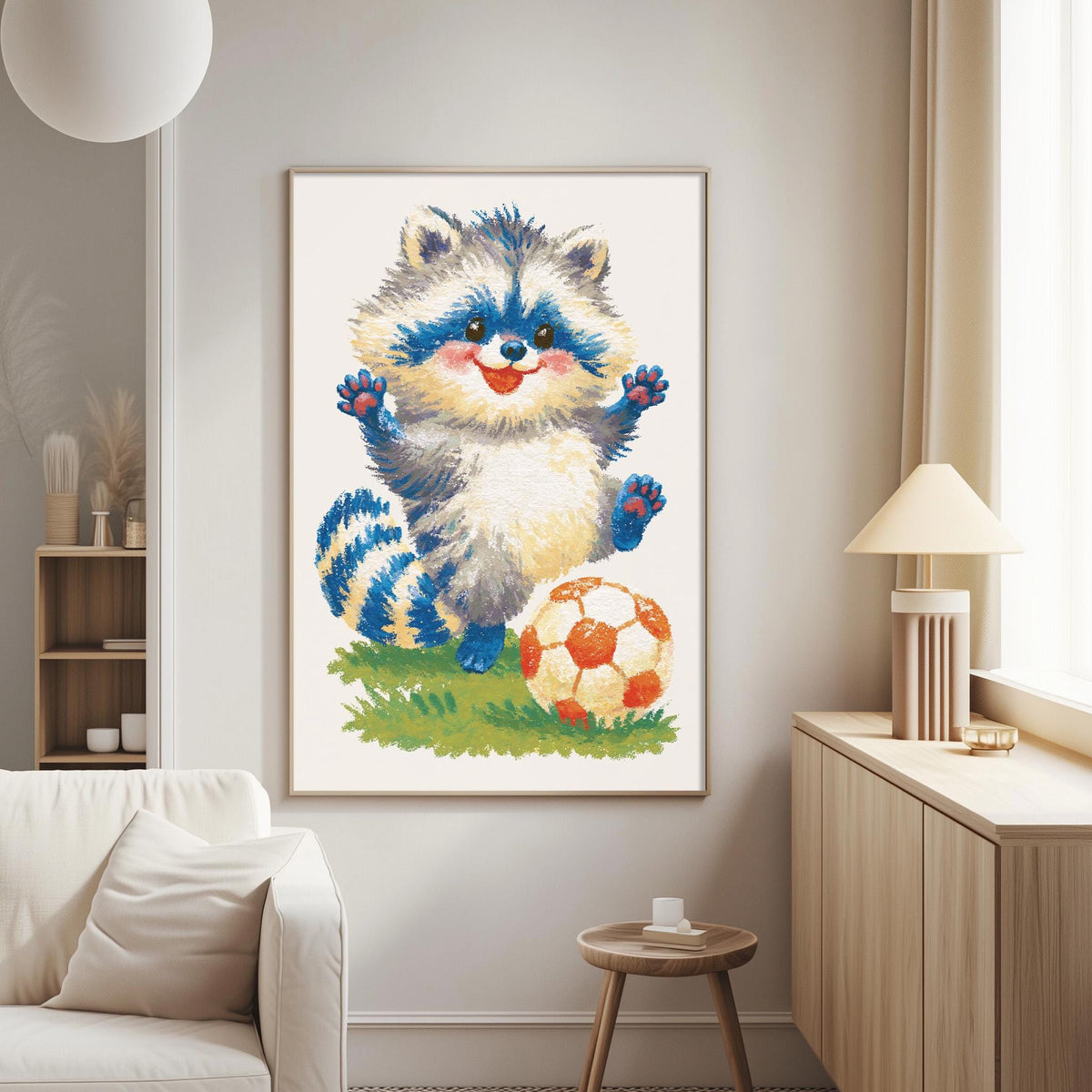 a cozy living room with a large framed painting of a raccoon sitting on the grass and holding a soccer ball.