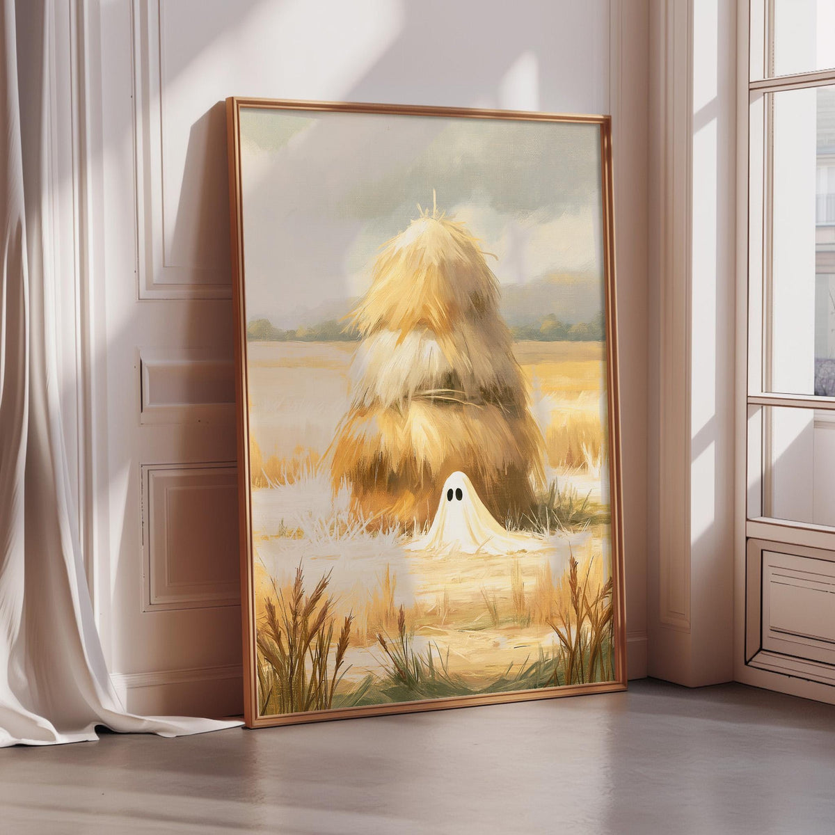 a painting of a ghostly figure standing in a field of tall grass, with a hay stack in the background.