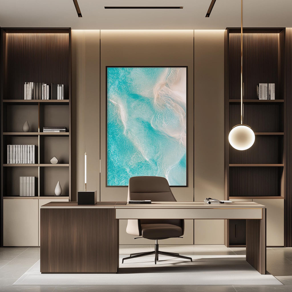 a modern and well-designed office space with a large abstract painting on the wall, a wooden desk with a chair, and built-in bookshelves.