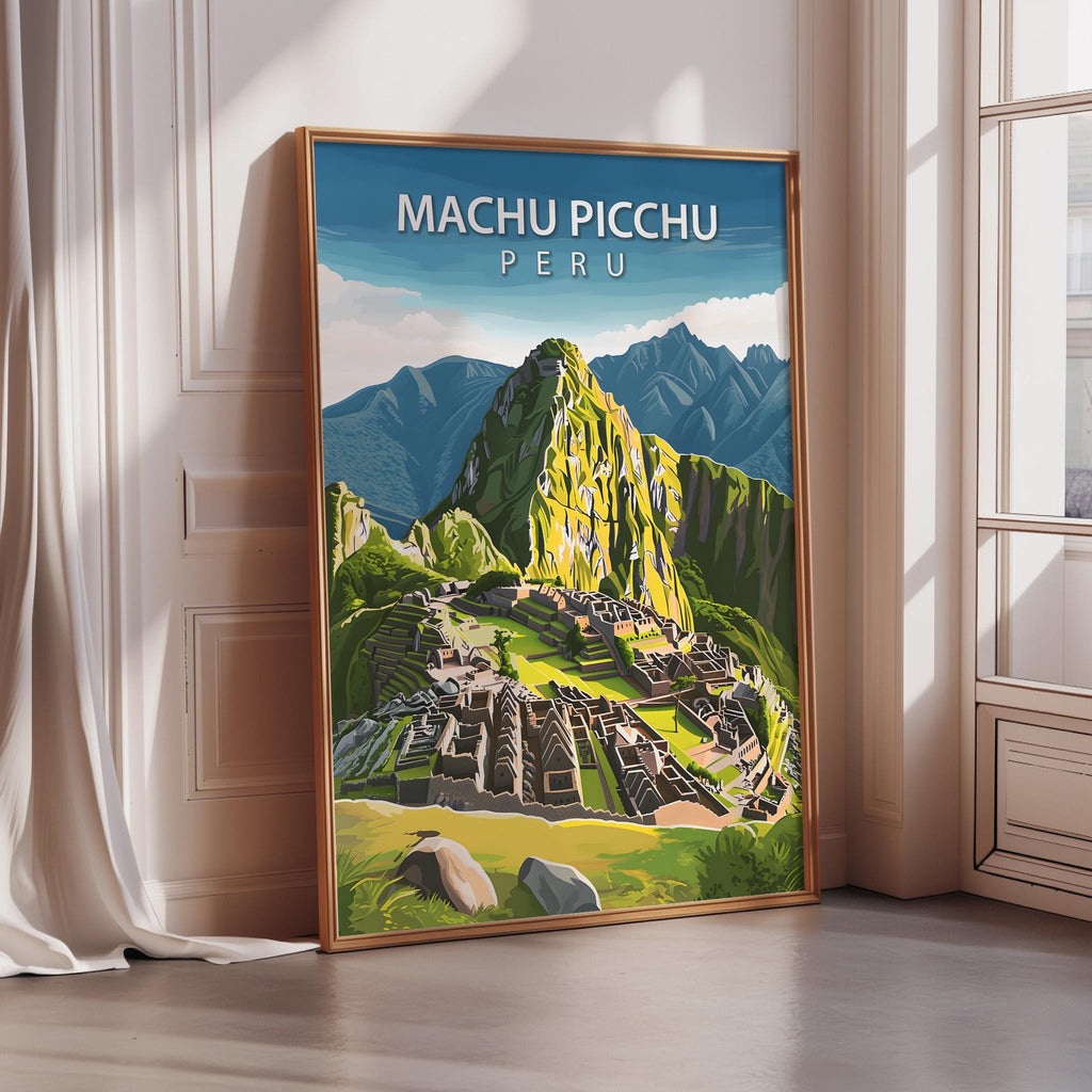 A framed poster depicting Machu Picchu, the ancient Inca citadel, in Peru.