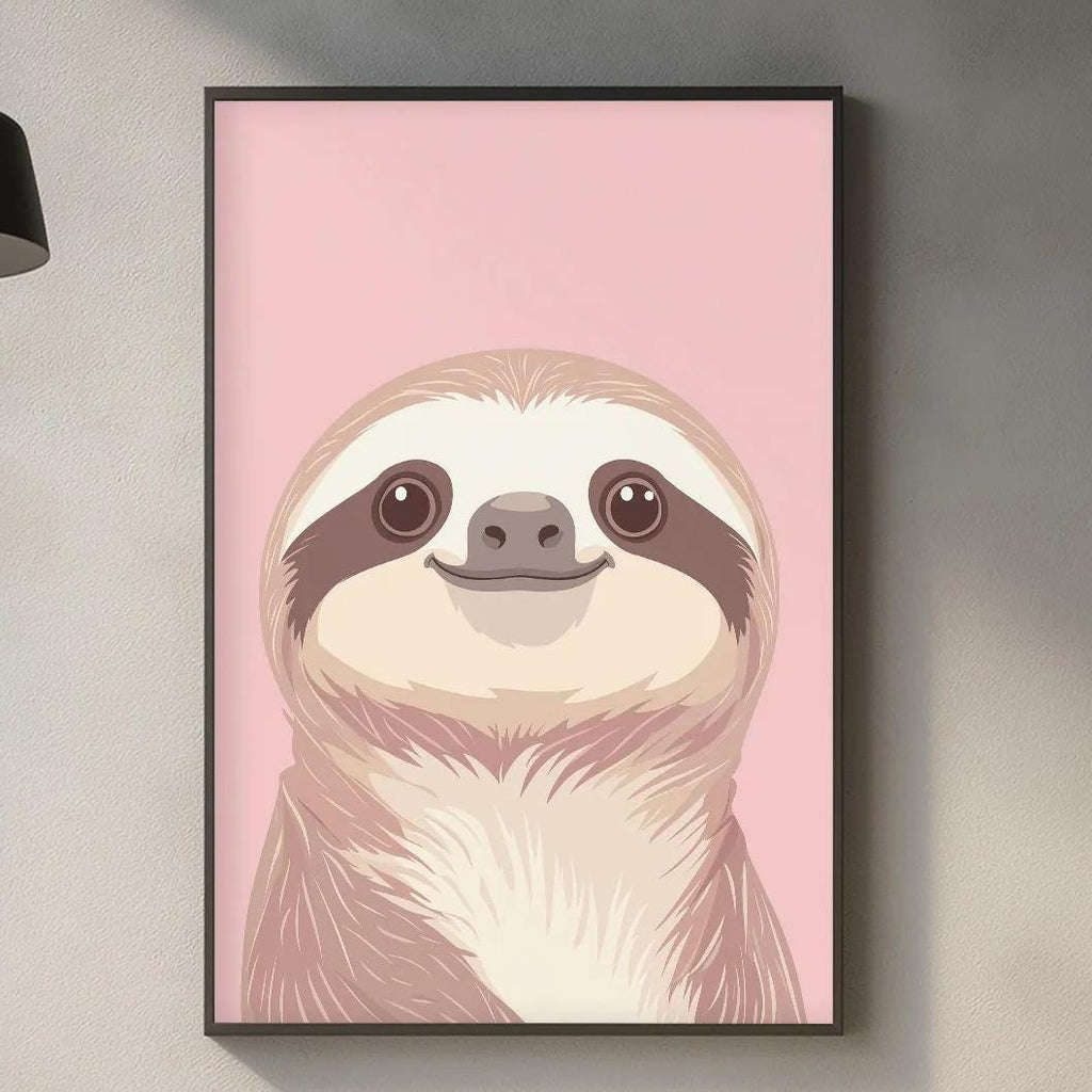 a kitchen counter with a framed illustration of a sloth hanging on the wall above it. The sloth has a pink background and a brown and white patterned face. The kitchen counter has various items on it, including a cutting board, a bottle, and a plant.