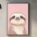 a kitchen counter with a framed illustration of a sloth hanging on the wall above it. The sloth has a pink background and a brown and white patterned face. The kitchen counter has various items on it, including a cutting board, a bottle, and a plant.