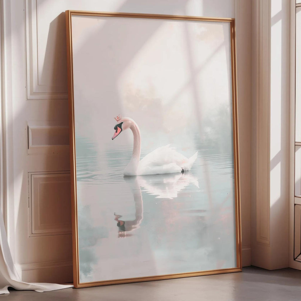 A large framed print of a swan swimming in a body of water is displayed on a wall in a room with sunlight streaming in through a window.