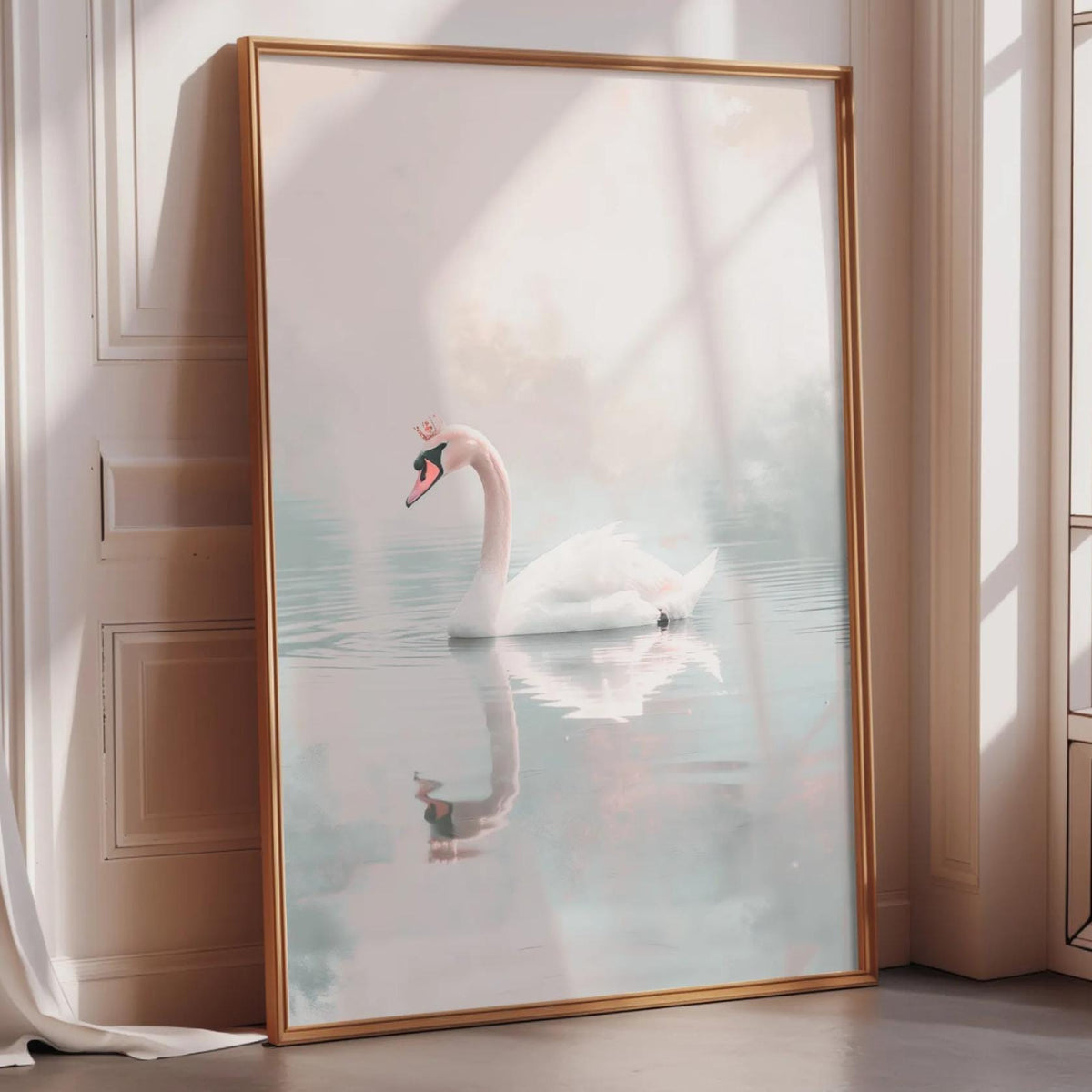 A large framed print of a swan swimming in a body of water is displayed on a wall in a room with sunlight streaming in through a window.