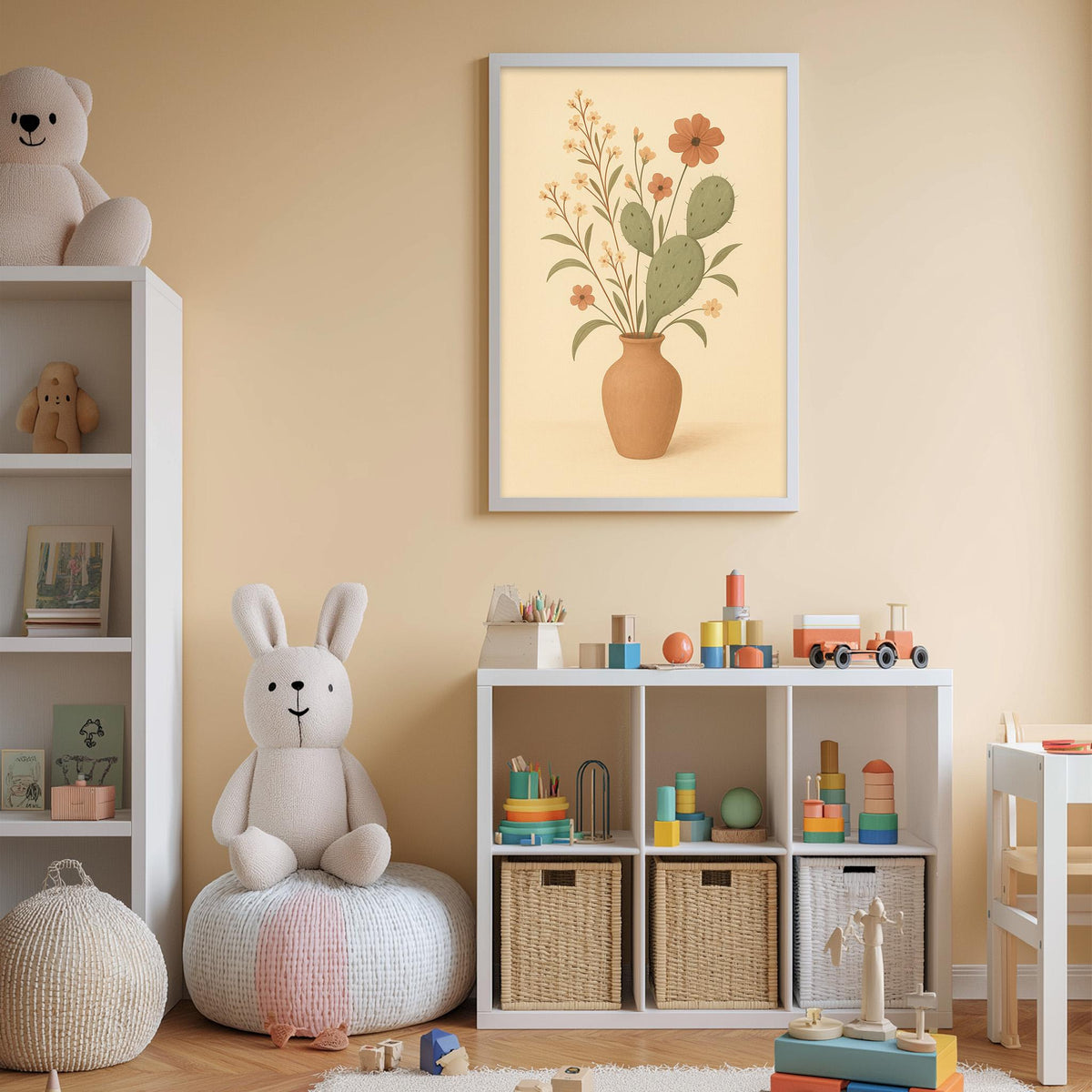 A cozy and colorful children's bedroom with a white bookshelf, a plush rabbit, a toy train, and a framed picture of a cactus with flowers.