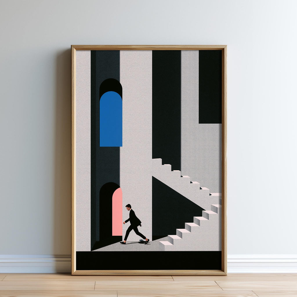 The image is a framed poster depicting a man walking up a set of stairs with a blue door and a pink door in the background.