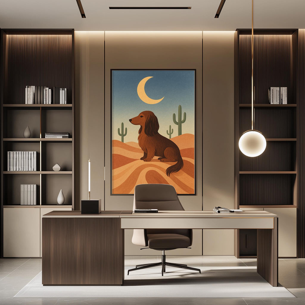 a modern office space with a large framed illustration of a dog sitting on a desert landscape, featuring a cactus and a crescent moon. The office has a wooden desk, a chair, and a bookshelf, creating a professional and stylish atmosphere.