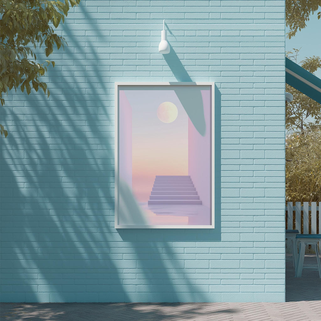 a blue brick wall with a framed picture of a staircase leading up to a moonlit sky, creating a serene and dreamy atmosphere.