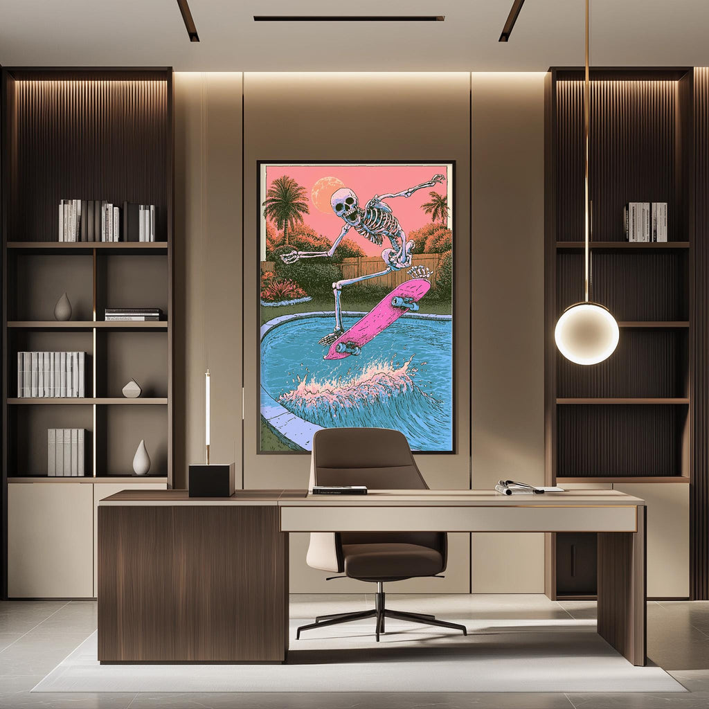 a modern office space with a large framed poster of a skeleton skateboarding on a pink skateboard on the wall. The office has a desk, chair, and bookshelves, creating a professional and stylish atmosphere.