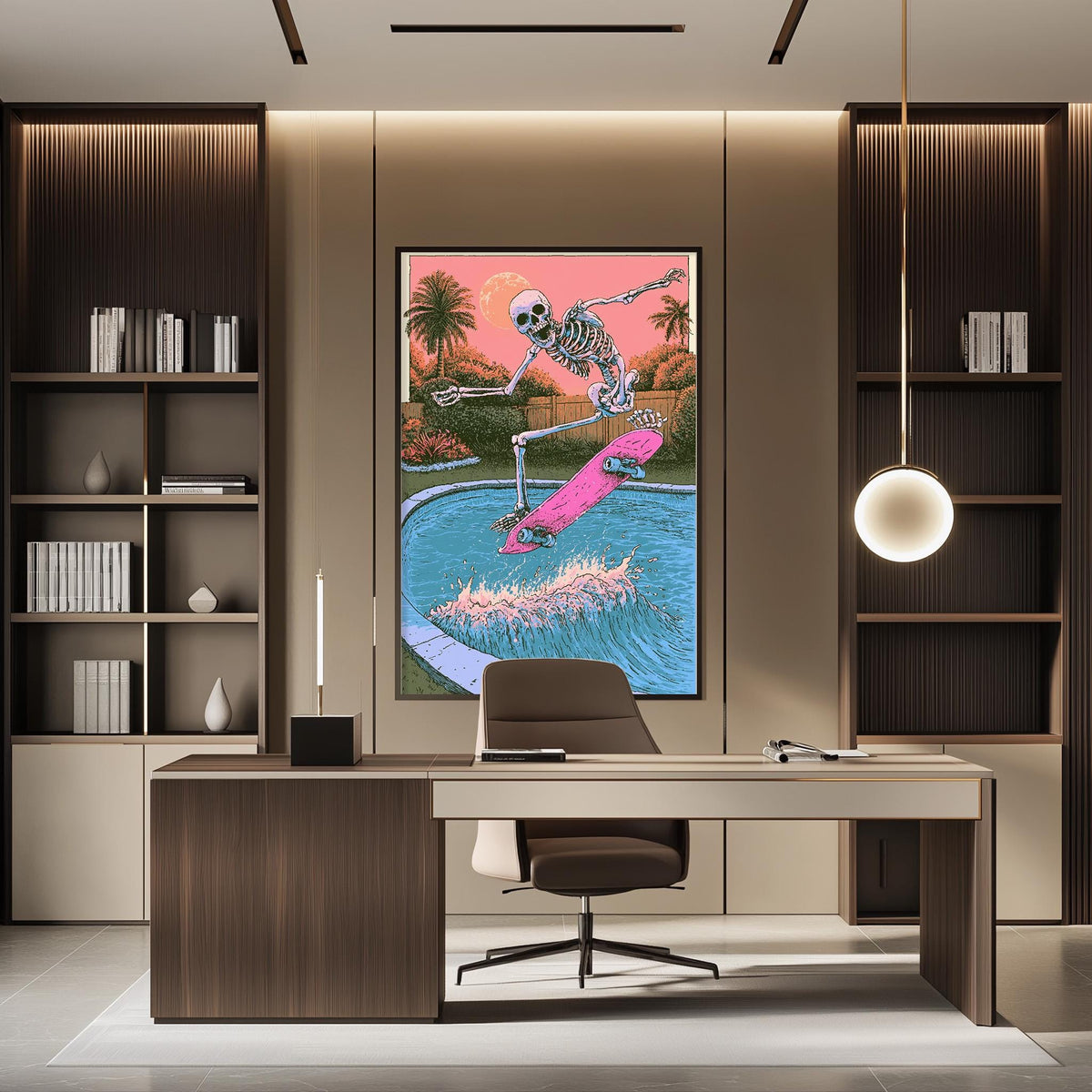 a modern office space with a large framed poster of a skeleton skateboarding on a pink skateboard on the wall. The office has a desk, chair, and bookshelves, creating a professional and stylish atmosphere.