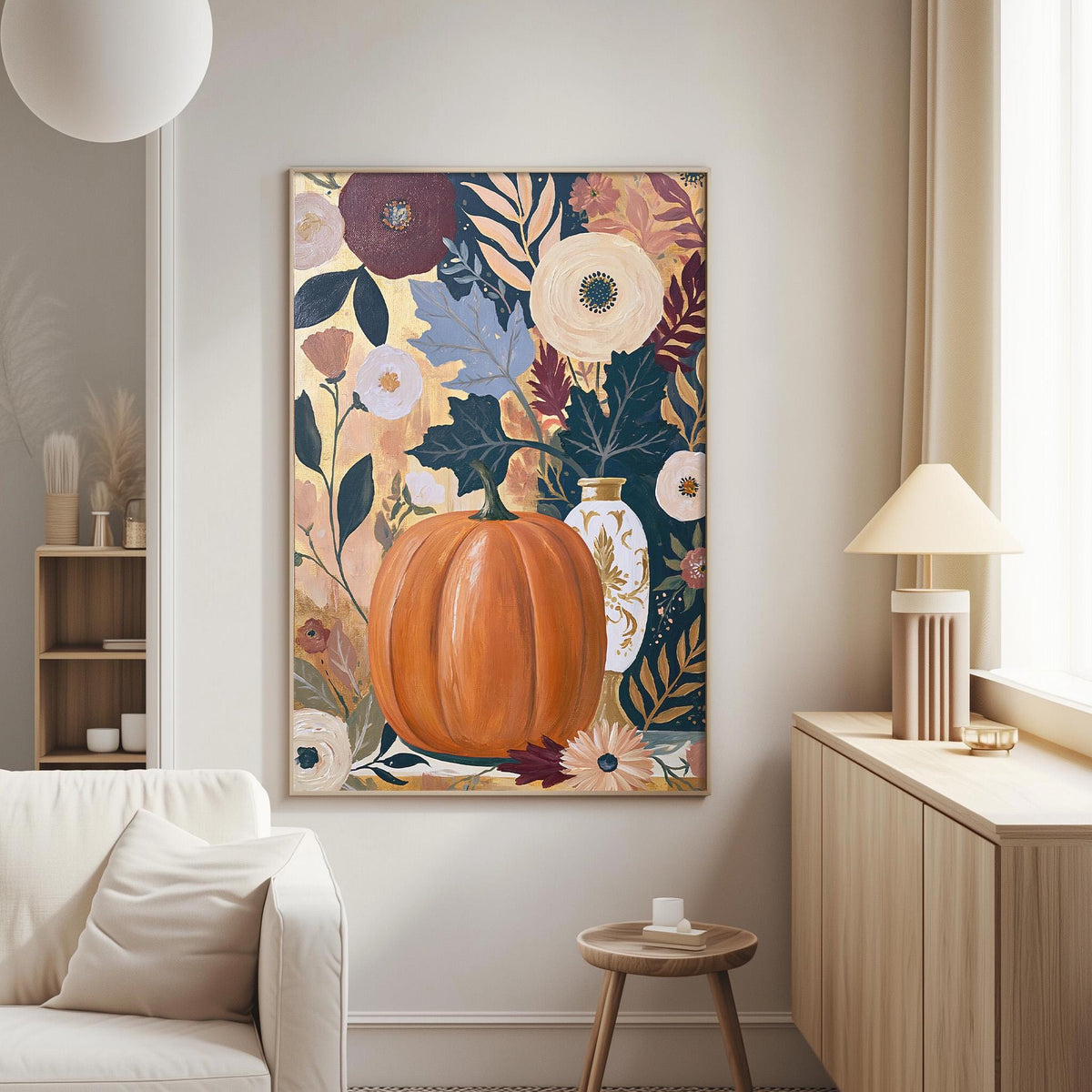 a large floral painting hanging on a wall in a living room, depicting a pumpkin surrounded by various autumn-themed elements such as flowers and leaves.