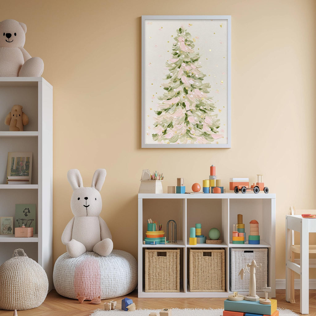 A cozy and colorful children's playroom with a white bookshelf, a plush bunny, and a toy train set. The room has a warm and inviting atmosphere, with a framed picture of a Christmas tree hanging on the wall.