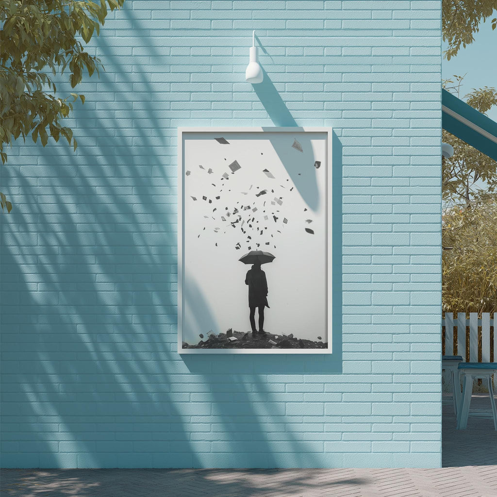 A framed black and white image of a person holding an umbrella, standing on a pile of rubble, is displayed on a blue brick wall.