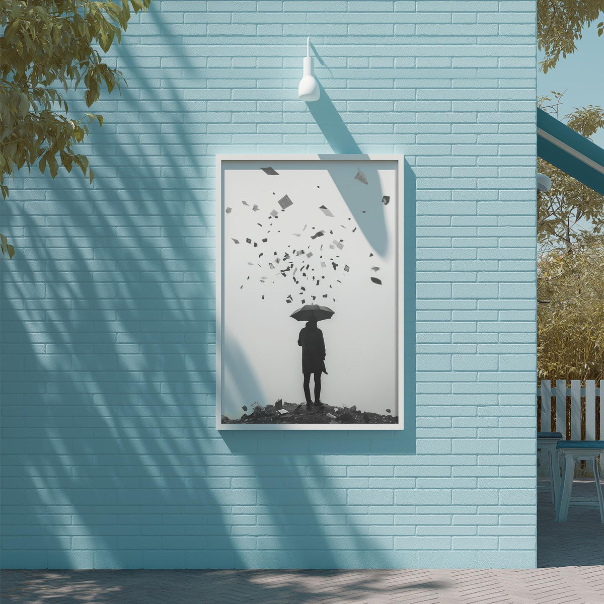 A framed black and white image of a person holding an umbrella, standing on a pile of rubble, is displayed on a blue brick wall.