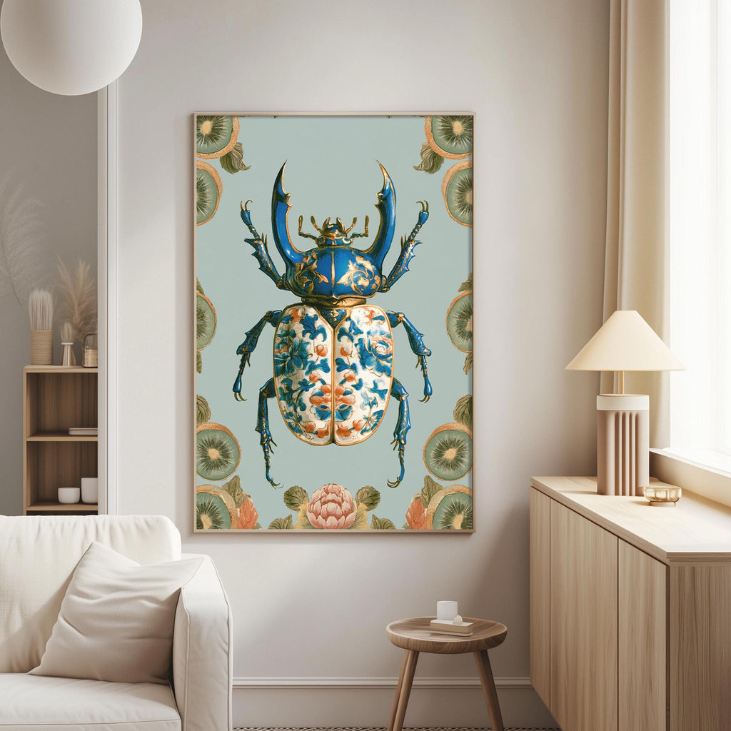a large, colorful painting of a blue and orange beetle on a light blue background, surrounded by green and orange floral designs.