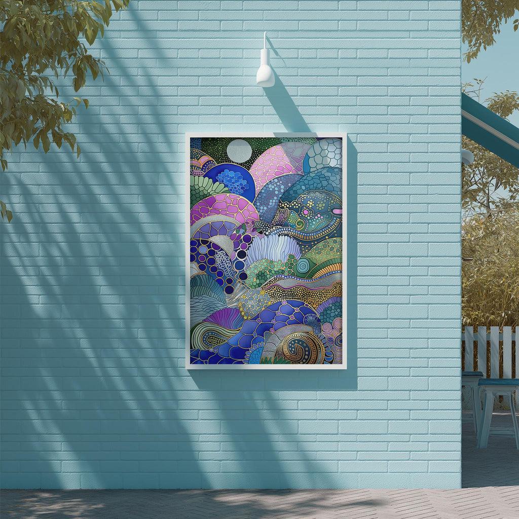 a vibrant, abstract painting hanging on a light blue brick wall. The painting is a colorful collage of various shapes and patterns, creating a visually striking and dynamic display.