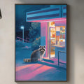 a raccoon sitting on a ledge in a colorful, artistic painting displayed on the wall above a kitchen counter.