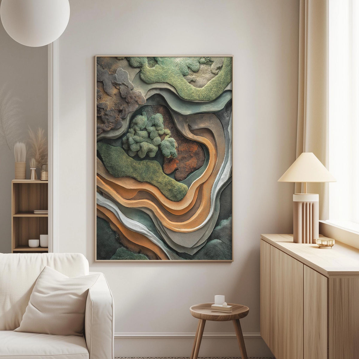 a large abstract painting hanging on a wall in a living room. The painting is a collage of various shapes and colors, creating a visually striking and dynamic composition. The room has a minimalist and modern design, with a white sofa, a wooden side table, and a lamp providing a cozy and inviting atmosphere.