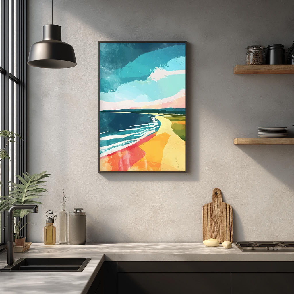 a kitchen counter with a framed painting of a beach scene hanging above it. The painting has a vibrant color palette, depicting a beach with a blue sky, orange and yellow sand, and a body of water. The kitchen counter has various items on it, including a cutting board, a bottle, and a vase.