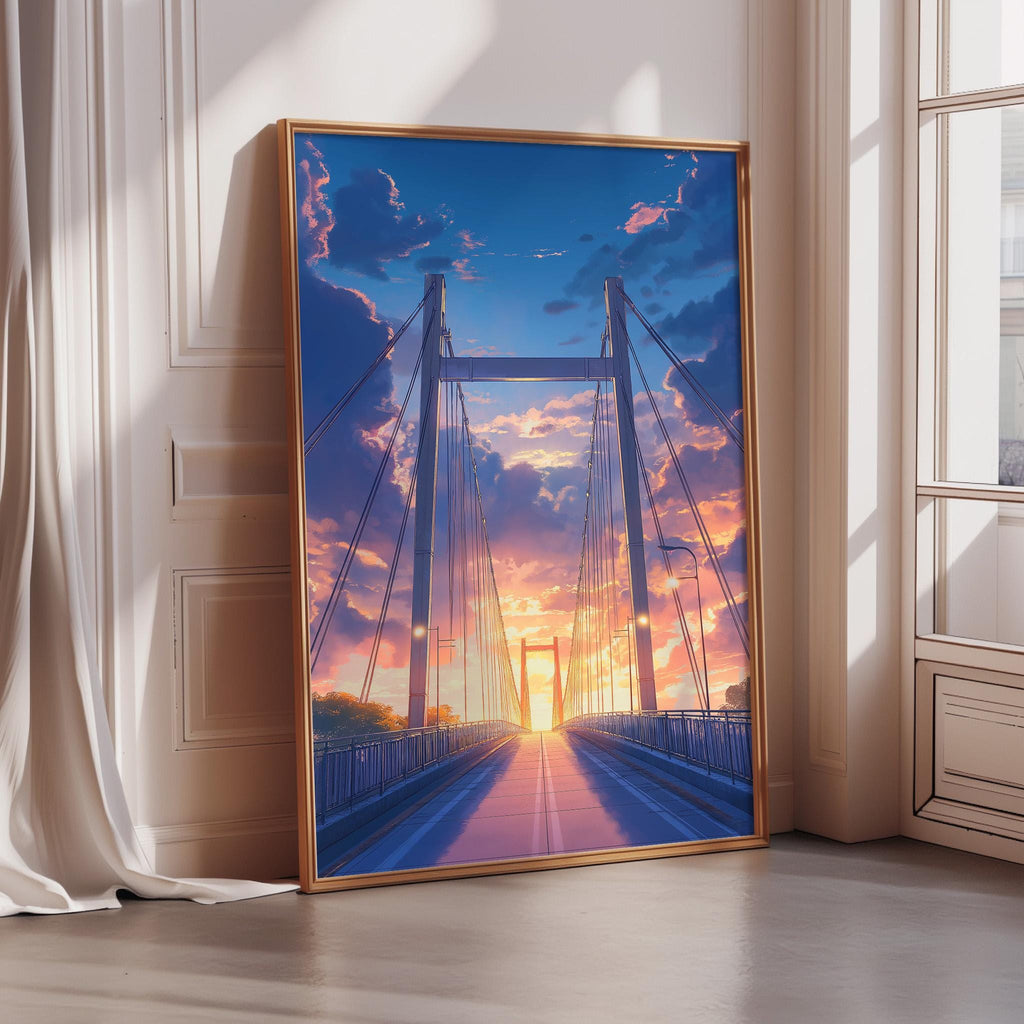 A large framed poster depicting a bridge with a colorful sunset in the background, creating a serene and picturesque scene.