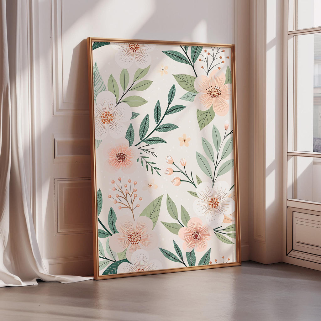 A framed poster with a floral pattern of white and peach flowers, green leaves, and stems is displayed on a wall in a room with a window.