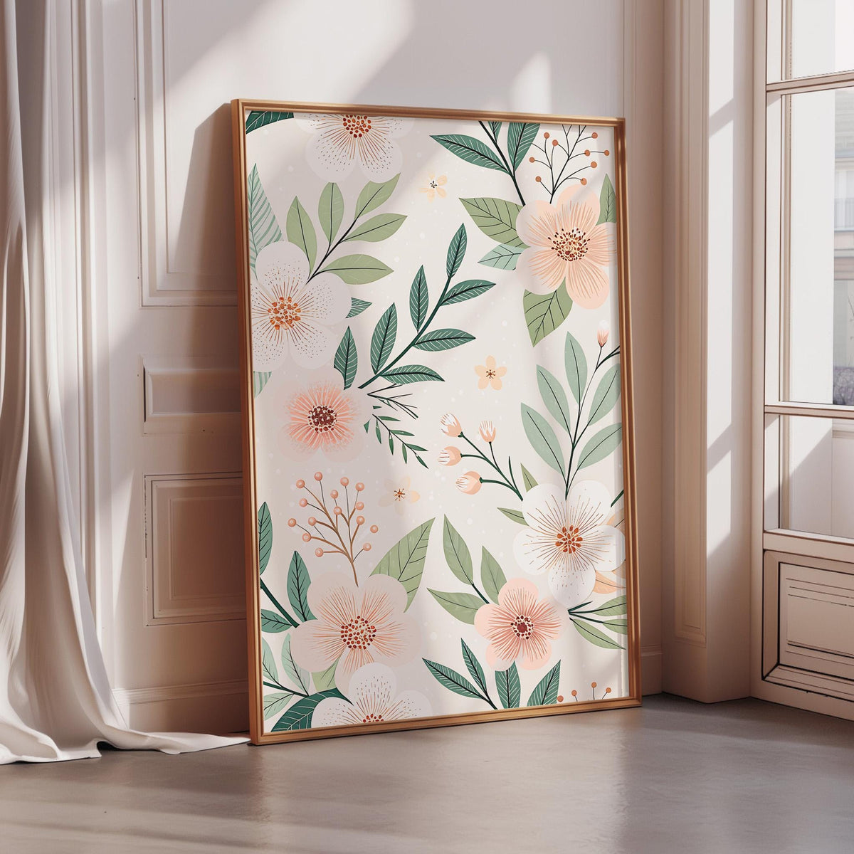A framed poster with a floral pattern of white and peach flowers, green leaves, and stems is displayed on a wall in a room with a window.