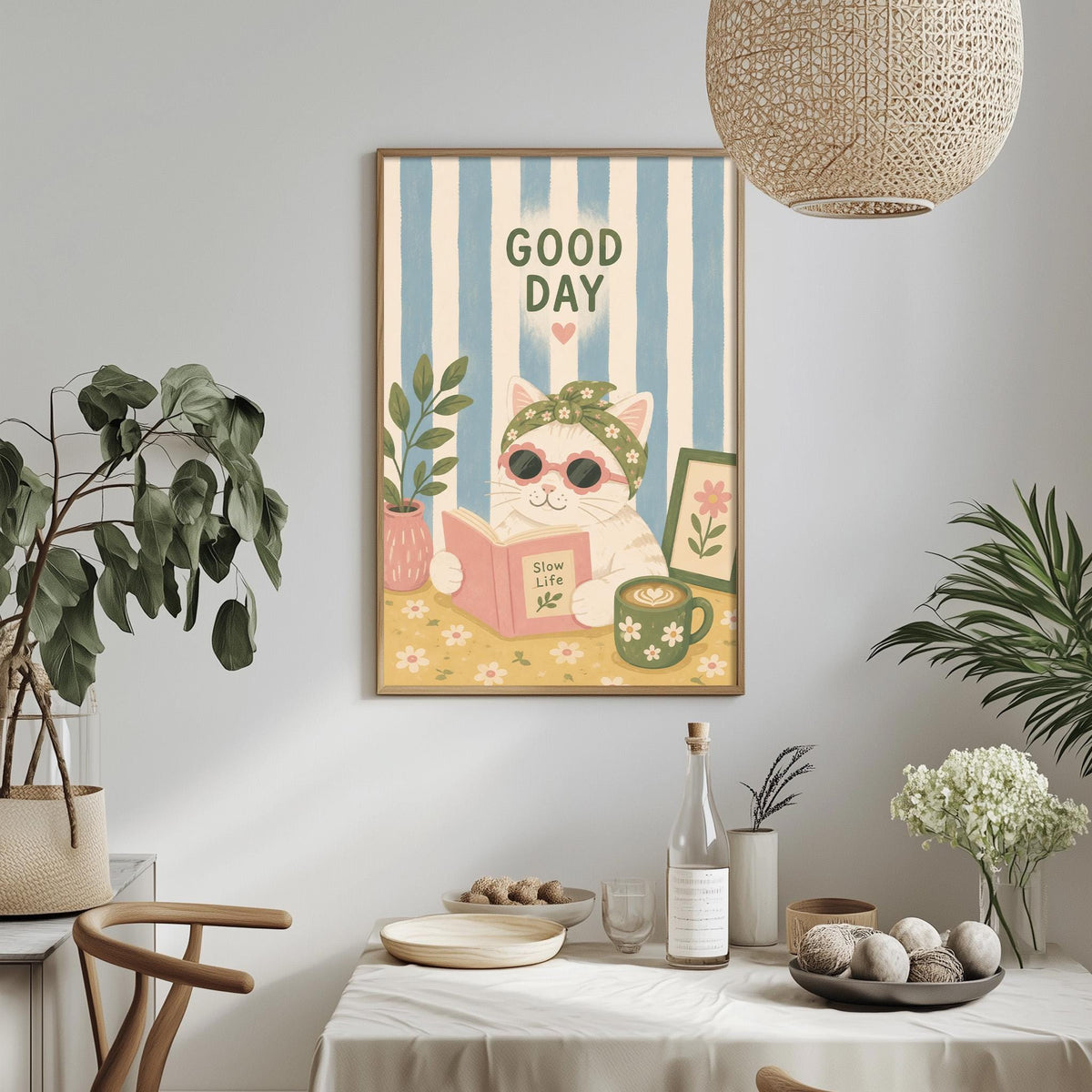 a framed poster of a cat reading a book, surrounded by potted plants and a dining table with various items on it.