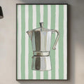 a kitchen counter with various kitchen items, including a coffee maker, a cutting board, and some decorative elements.
