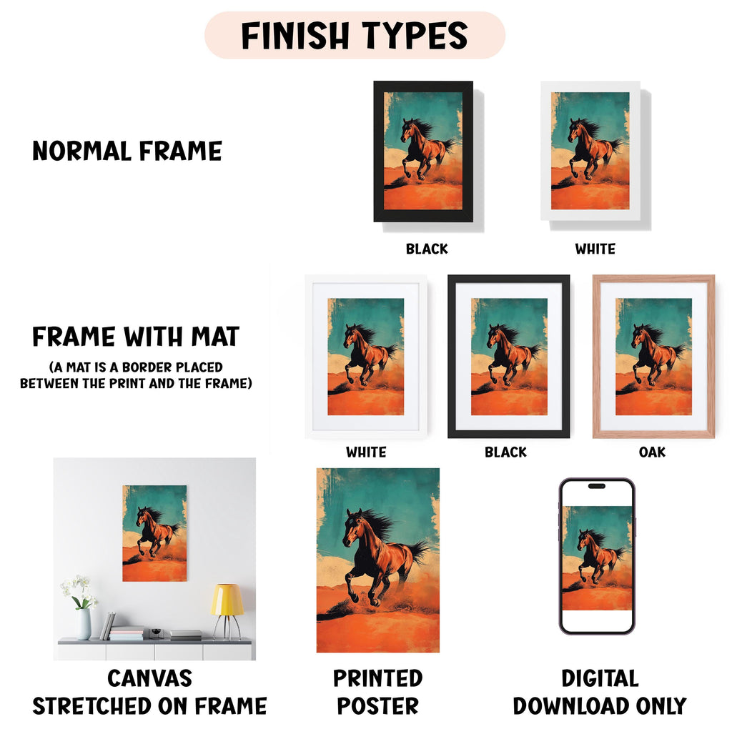 various types of artwork, including a normal frame, a frame with a mat, a white frame, a black frame, a white frame, a black frame, an oak frame, a canvas stretched on a frame, a printed poster, and a digital download only.