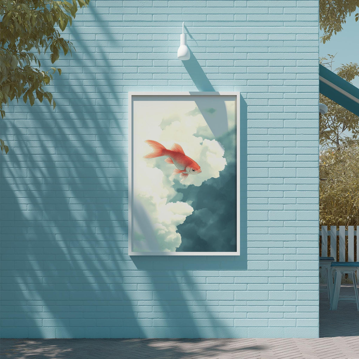 a framed painting of a goldfish swimming in the clouds, hanging on a blue brick wall.