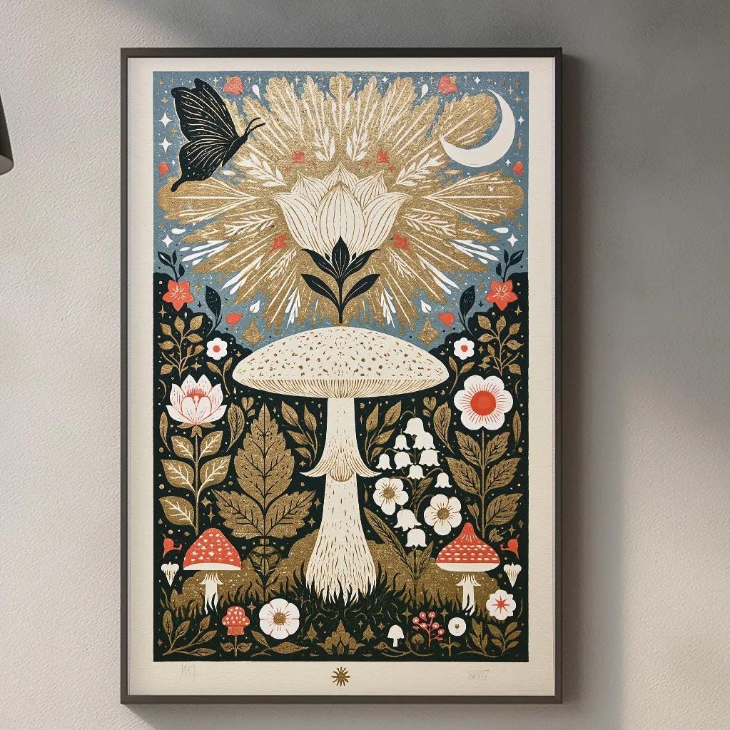 a kitchen counter with various kitchen items, including a cutting board, a bottle, and a vase. Above the counter, there is a framed artwork depicting a mushroom surrounded by flowers and leaves.