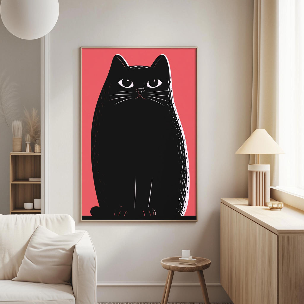 a large black cat with a pink background, which is the central focus of the room.