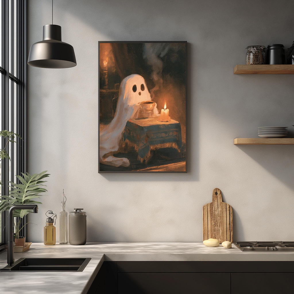 a kitchen scene with a framed painting of a ghost sitting at a table with a lit candle, surrounded by various kitchen items such as a cutting board, a sink, and a potted plant.